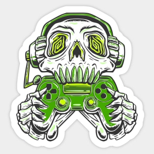 A skull gamer holding a green joystick controller and wearing headphone. Sticker